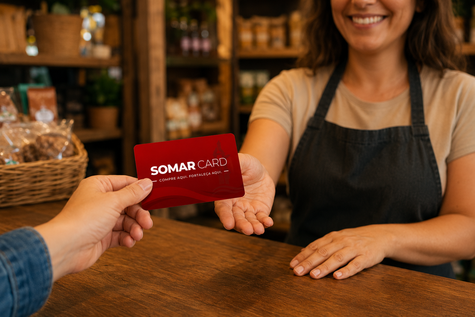 Associado apresentando o SOMARCARD a uma comerciante